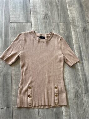 Tahari Blush Short-Sleeve Ribbed Knit Top with Button Trim